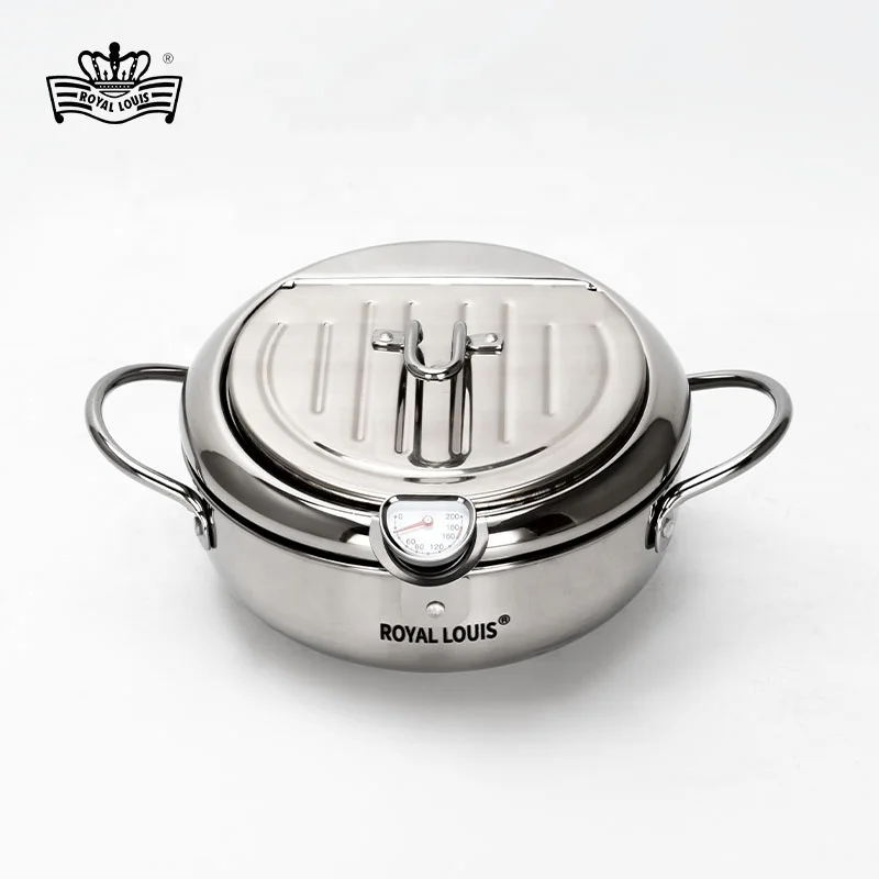 Japanese Deep Frying Pot with a Thermometer and a Lid 304 Stainless Steel Kitchen Tempura Fryer Pan 20 24 28 cm Kitchen Utensils