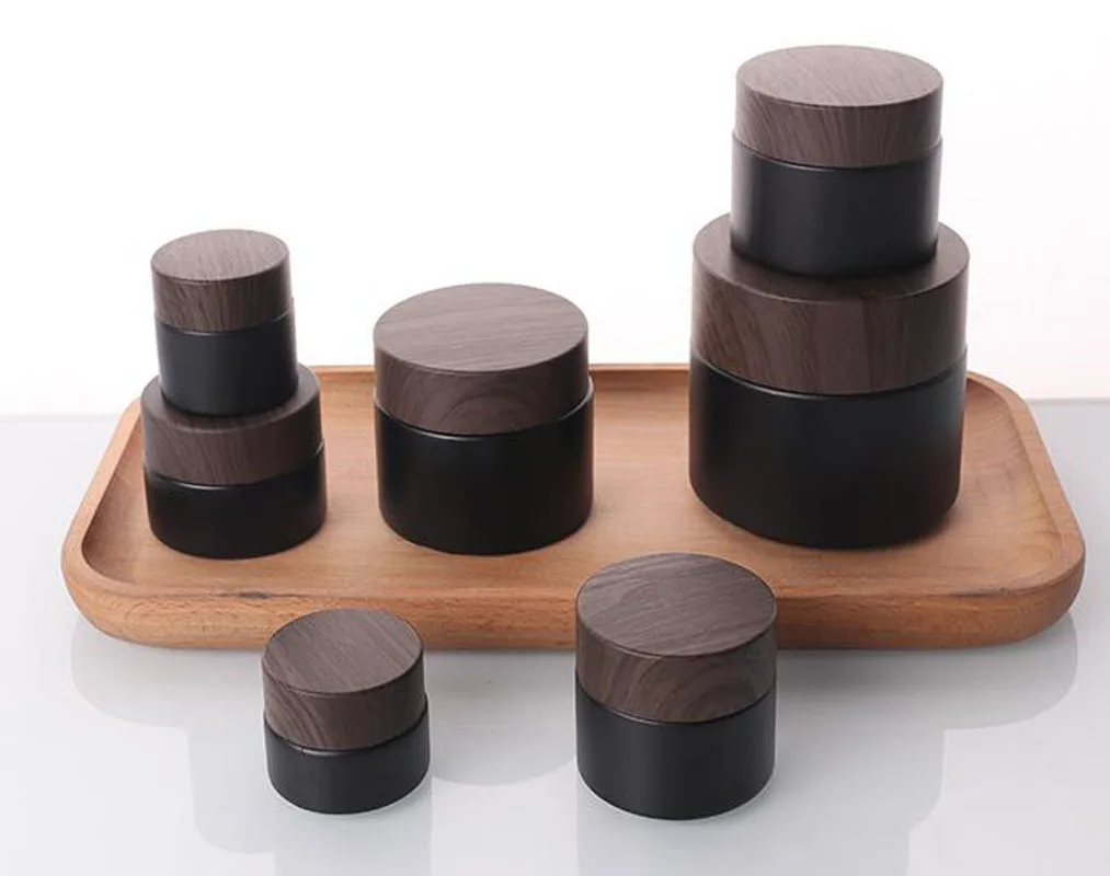 10 X 5G-50G Wood Grain Cap Black Glass Refillable Ointment Bottles Empty Cosmetic Jar Pot Eye Shadow Face Cream Container