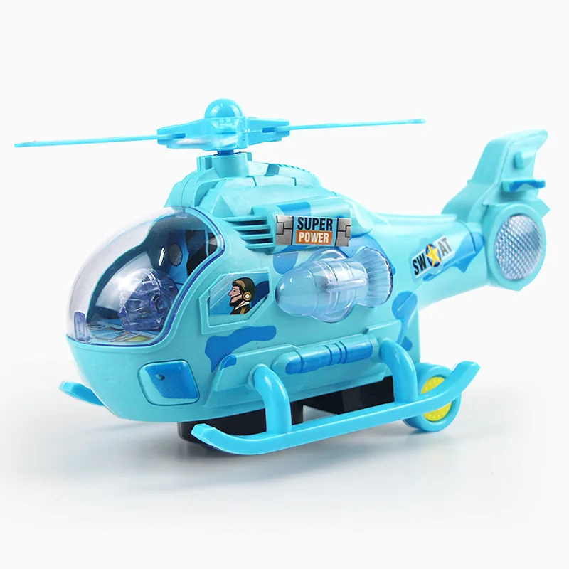 Wholesale battery operated electric rotating propeller plane universal light sound plastic flying small helicopter toy for baby