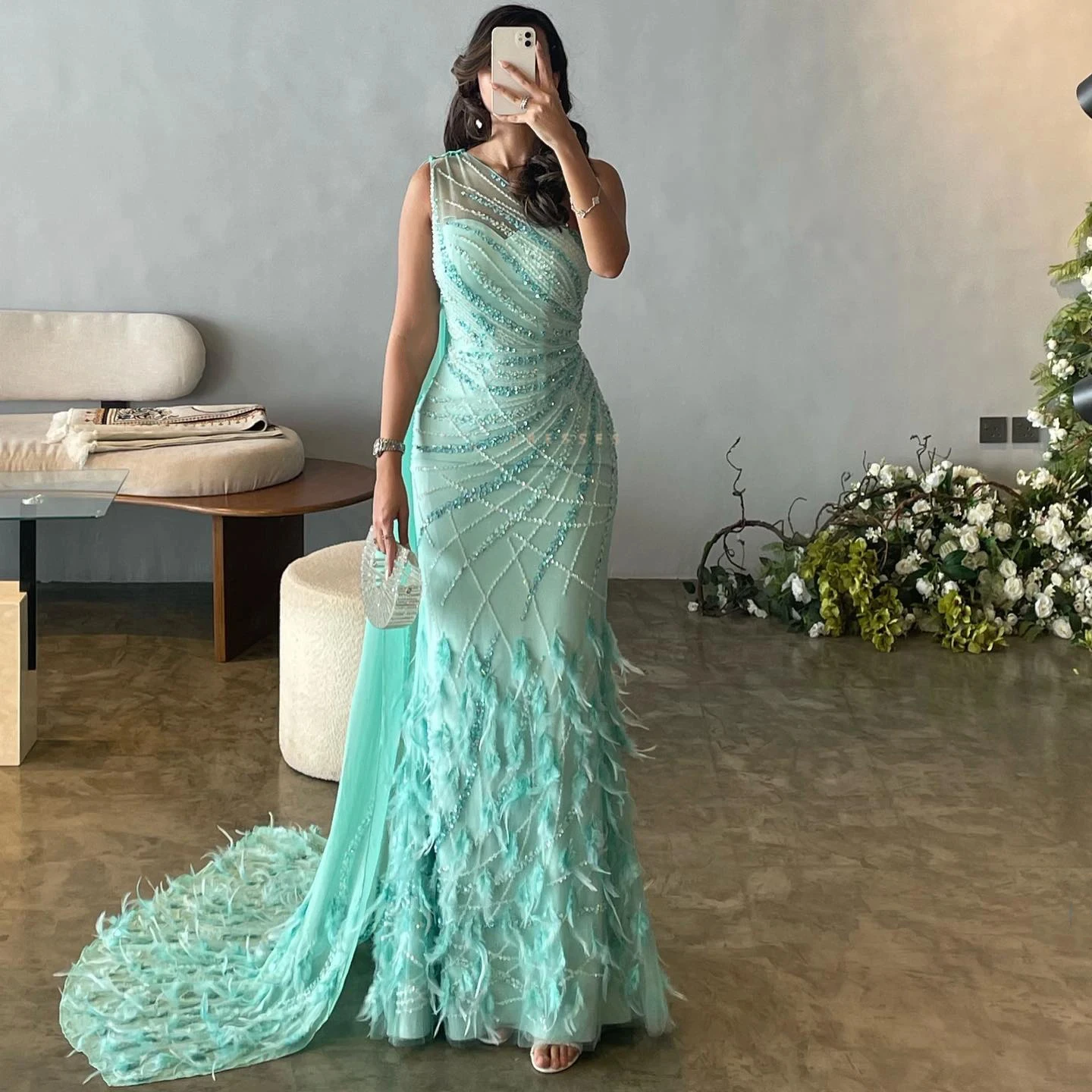 Luxury Feather Turquoise Aqua One Shoulder Mermaid Evening Dress with Cape Train Long Prom Wedding Party Gowns SZ498-2