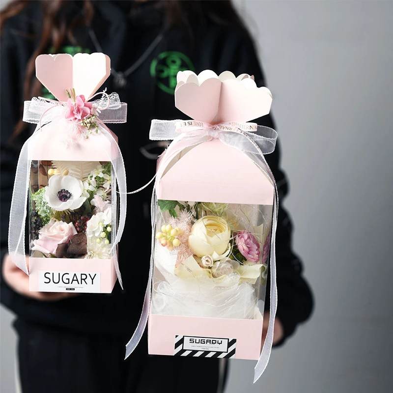 Handhold tall bouquet packaging box paper foldable fold candy shape flower rose bouquet packaging for A bunch of flower window
