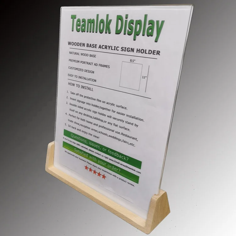 Acrylic Sign Holder 8.5x11with U-Shaped Base |Table Menu Sign Holder |Solid Wood with Crystal Clear Acrylic Holder