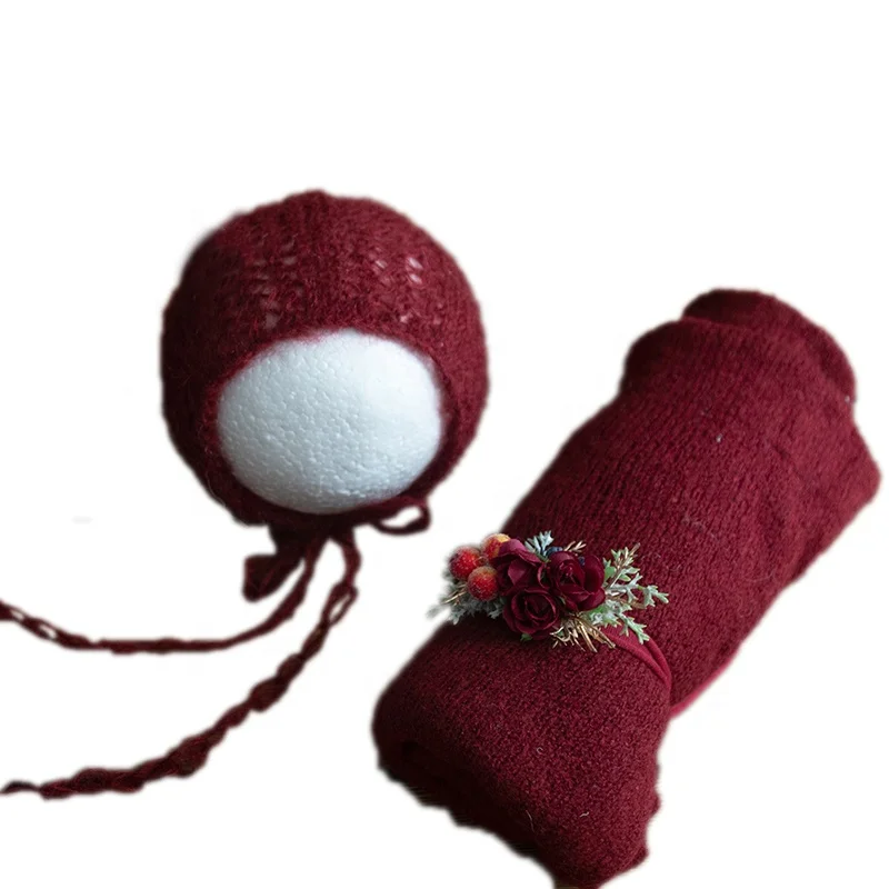 Newborn Mohair Stretch Knit Wrap Hat And Headband Set Photography Props Christmas Baby Jersey Wrap Swaddle Blanket Baby Layer Fa