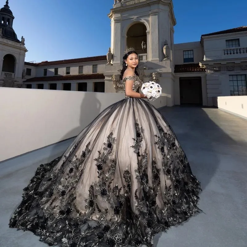 W-S1129A Princess Tulle Ball Gown Quinceanera Dresses Meninas De 15 Appliques 3D Flower Ballkleid Vestidos