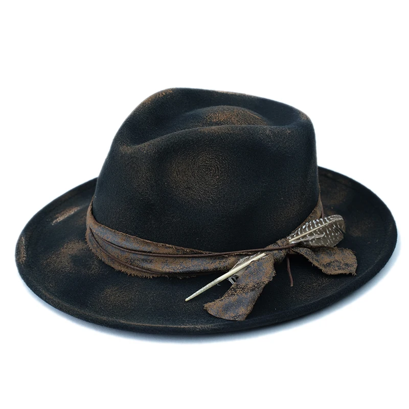 Retro distressed wool jazz hat with flat brim and felt top hat