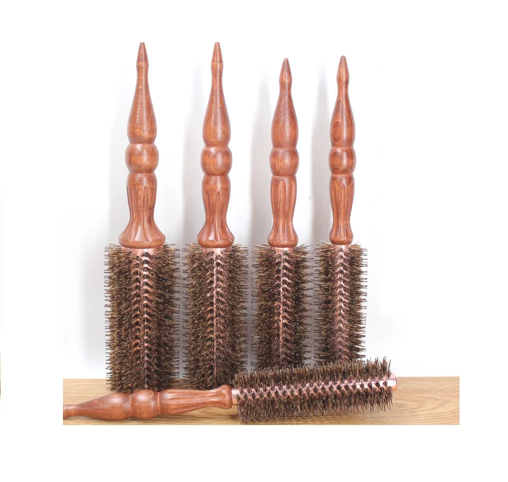 HEYAMO Round Barrel Comb Wood Handle Natural Boar Bristle Hair Brush Gold Hairbrush Roll Brush Nylon Curly Detangle Hair Brush