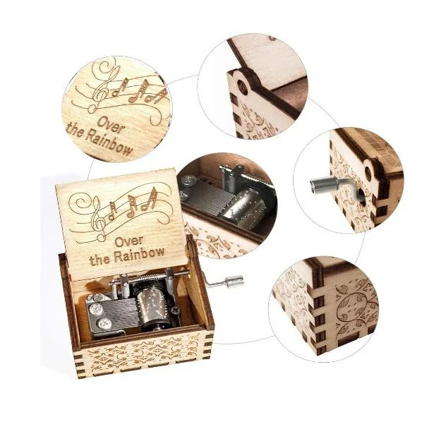 Wood Music Boxes Heart Shaped Laser Engraved Vintage Wooden Hand Crank Musical Box Gifts for Mothers Day
