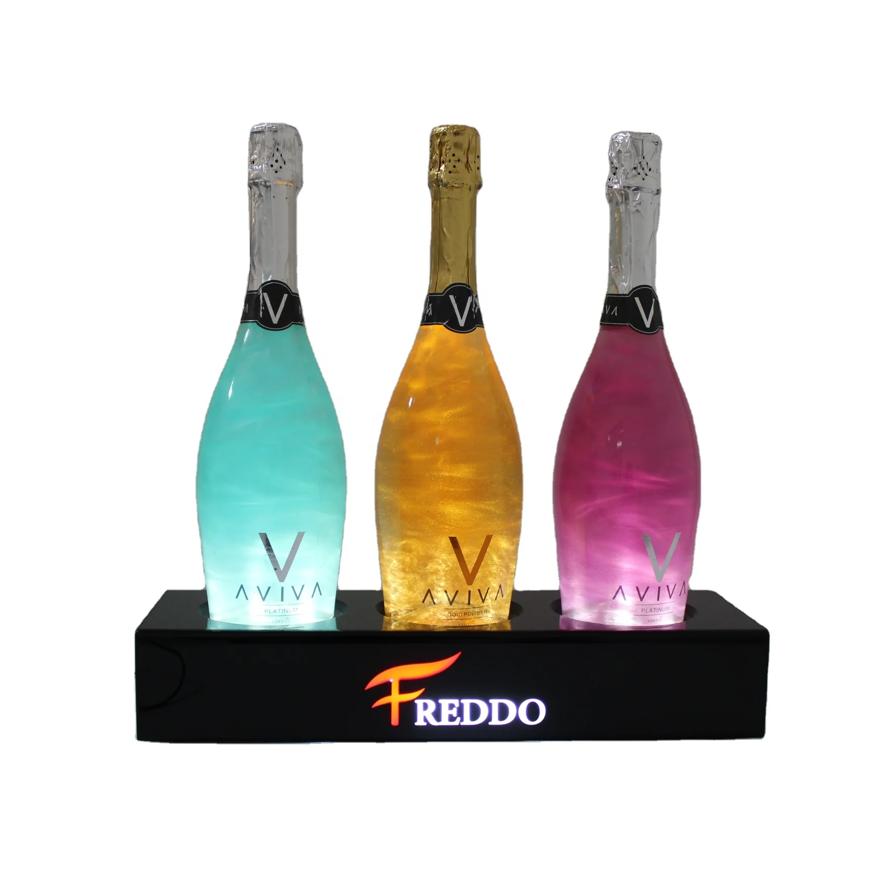 LED sparkling gold wine bottle display racks , 360 degree rotating exhibitor