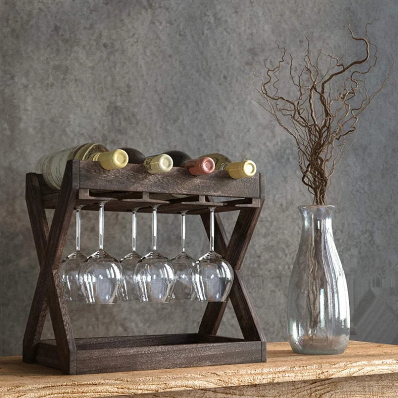 Rustic 6 Glass Display Rack Bottled Wooden Wine Racks With Storage Tray Table Top 4 Bottle Holder Free Standing Floor