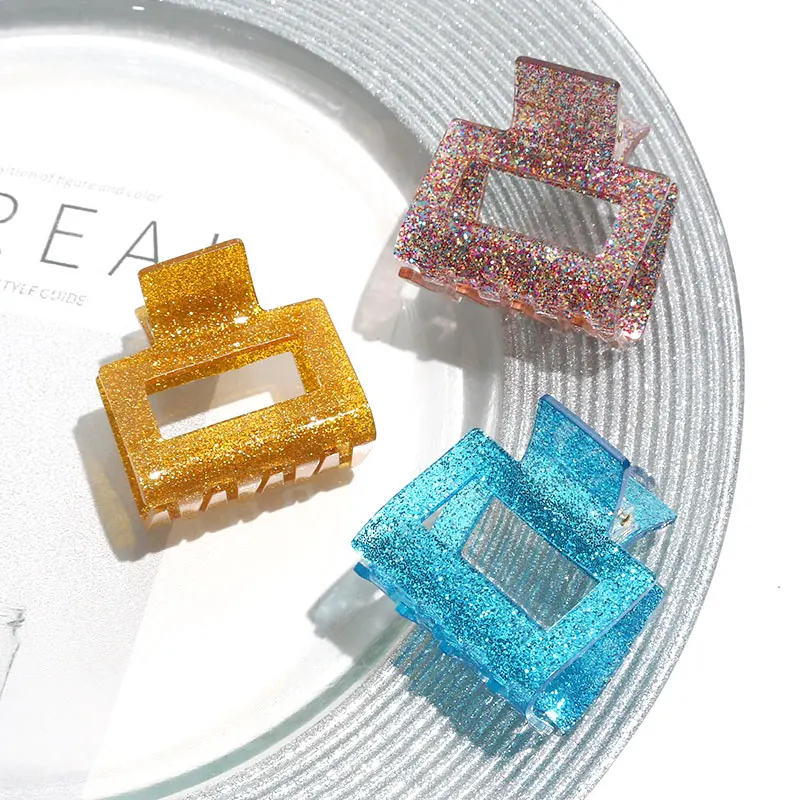 2022 new style glitter acrylic hair claw clips geometric trendy sparkle hair claw custom logo hollow square hair clips resin