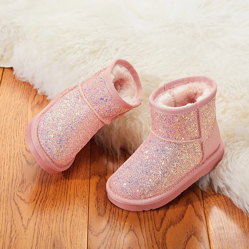 
wholesale winter children bling paillette boa shoes girls little kids shiny mid-calf snow boots 