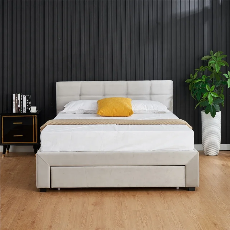 Light Grey Tufted Modern Master Bedroom Furniture Bed With Drawers Storage Bed Queen King Size Modern Soft Bed Frame