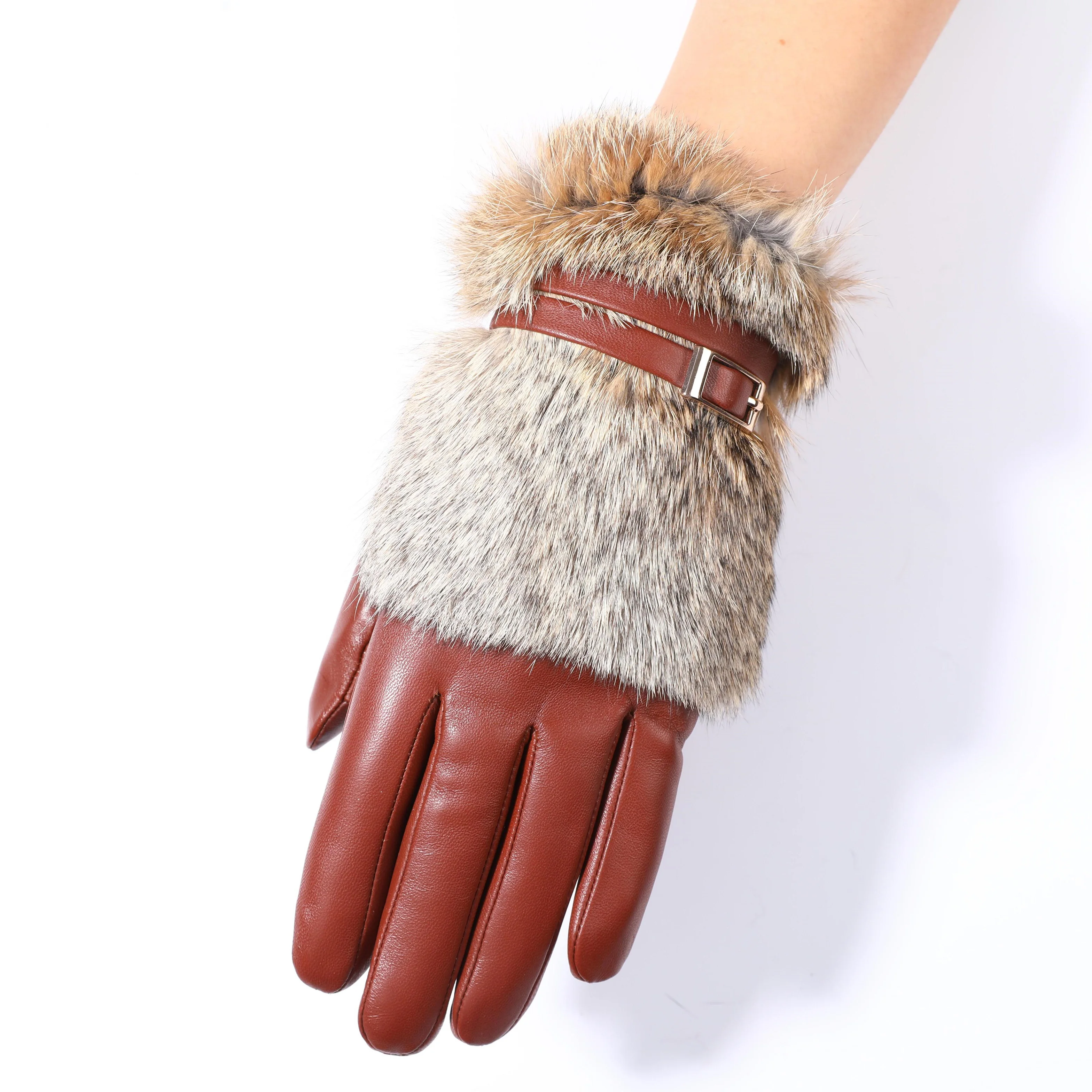 Luxury Imported Real Rabbit Fur Leather Gloves Women Black Sheepskin Genuine Leather Winter Thick Warm Gloves