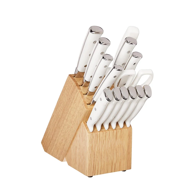 High quality 15 pcs Classic forged triple rivet White ABS Handle Kitchen Knife Set with Wooden block