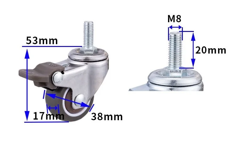 1.5 Inch 38MM M8 Threaded Stem Furniture Caster TPE Wheel Swivel Castor With Brake