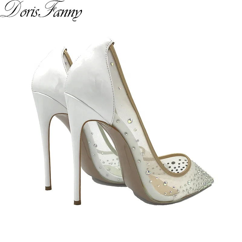 Wholesale High Quality Crystals Sexy White Mesh Lady Stiletto Heels Pump Bridal Party Wedding Shoes For Bride