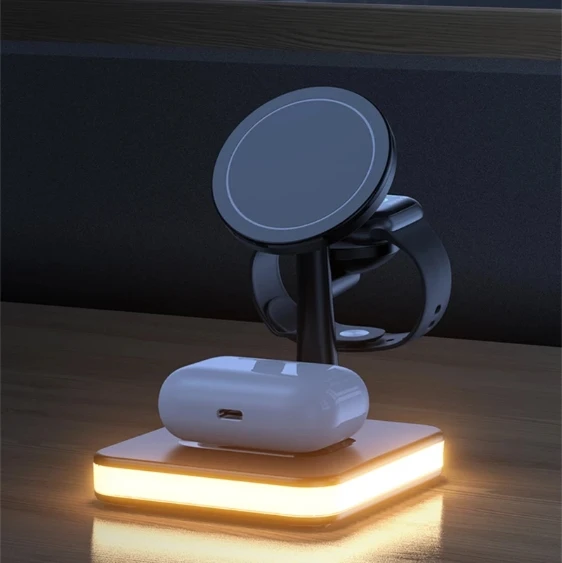 Trending 4 in 1 15w multifunction Charger Qi Magnetic New Wireless Charging Stand For Cell Phone Earphone Watch Wireless Charger