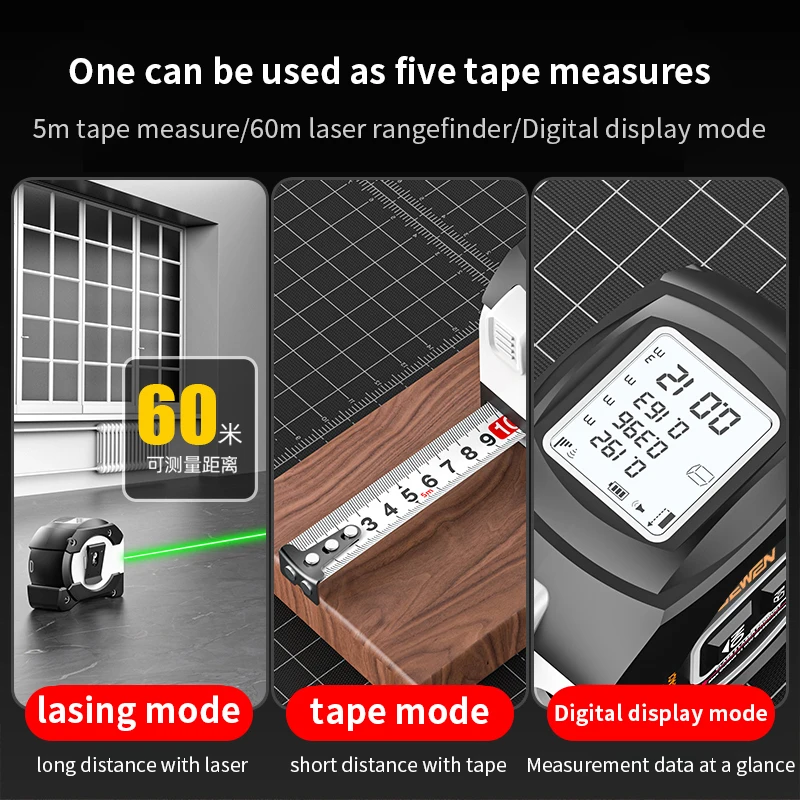 DEWEN 3 in 1 Laser Measuring Tape 60m Laser Light with Digital Screen Cross Leveling Function Laser Measurement Tape Machine