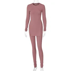 Fashion Clothes 2022 New Arrivals Trending Women Solid Color Ribbed Long Sleeve Top and Leggings Fall Two Piece Pants Set Sexy