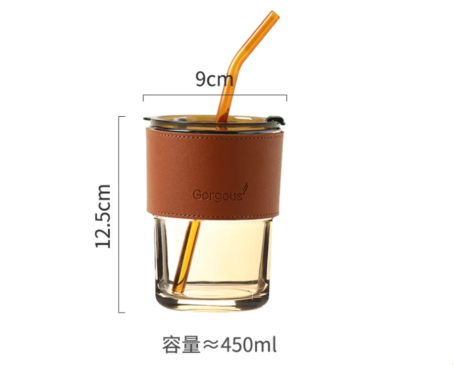 450ML Glass Coffee Cup With Lid And Straw Drinking Glass Tea Mug With Straw