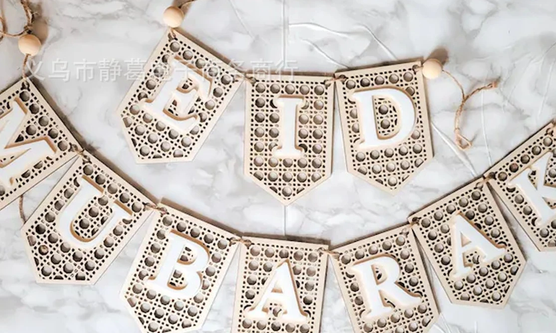 Muslim Eid Mubarak Wood Bunting Wooden Flag Banner for Eid Decorations