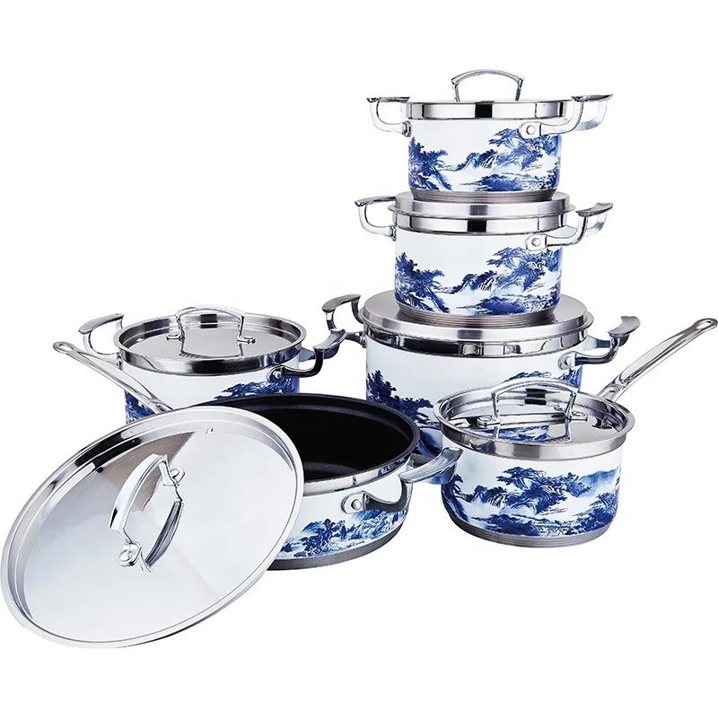 ELERANBE 12pcs Stainless Steel Cookware Sets pots and pans Factory wholesale Cheaper finer Saucepan frying pan Logo custom OEM