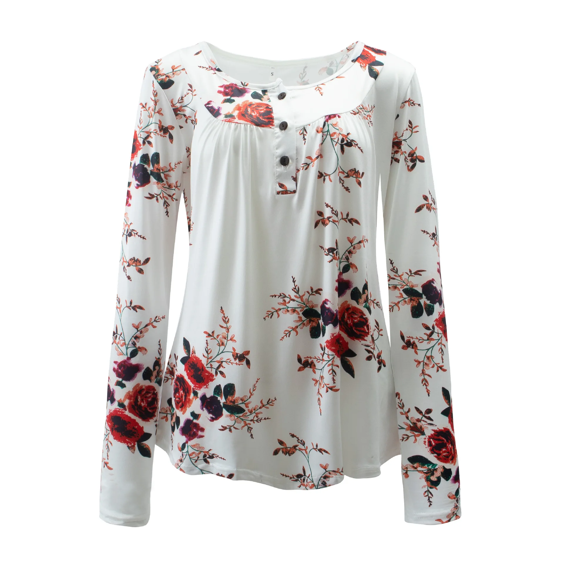 Amazon supplier OMJ OEM plus size casual floral print long sleeves shirts front buttons placket women blouse t shirt