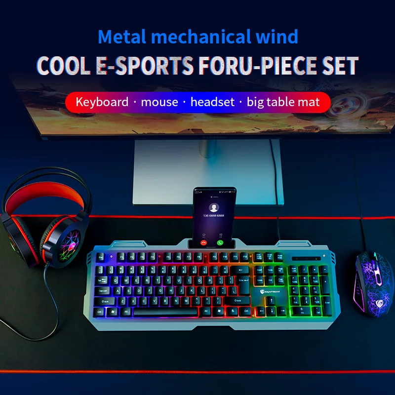 Metal panel with backlit wired keyboard mouse headset mouse pad four-piece office game set 4 in 1 mechanical keyboard