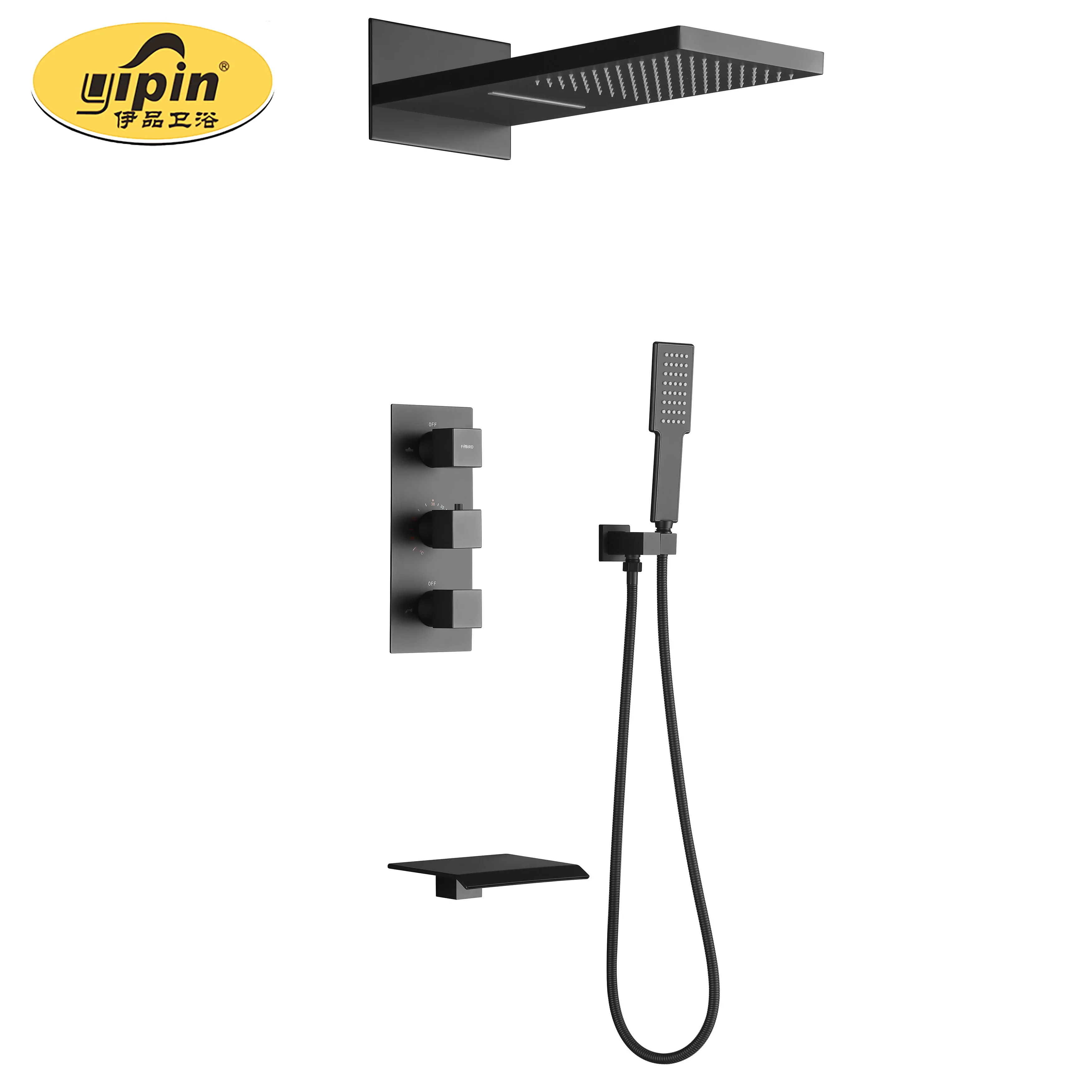 Hot sale luxury matt black thermostatic rain shower shower in-wall vertical waterfall shower