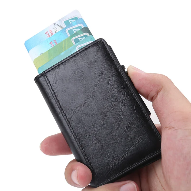 rfid blocking card case Side push pop-up credit card box leather wallet