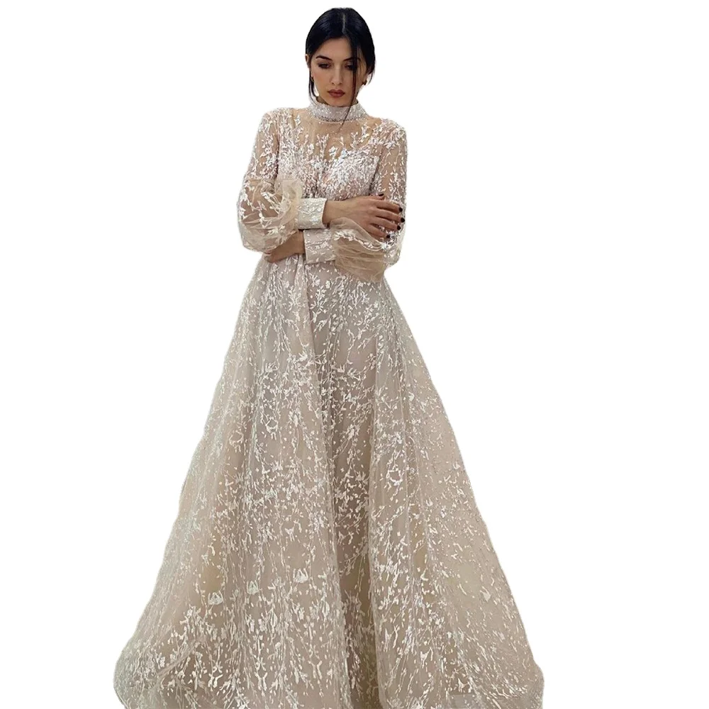 Beige High Neck Muslim A Line Formal Evening Gowns Serene Hill LA71196 Long Arms Wedding Party Dresses For Women