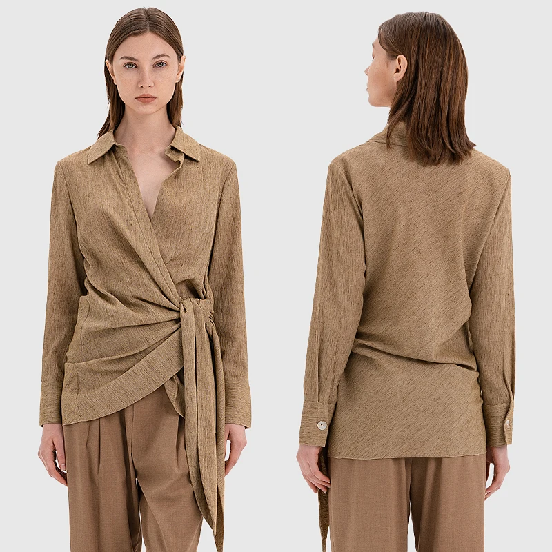 Wholesale customized lapel collar front waist twist tie loose blouses long sleeve linen shirts for women