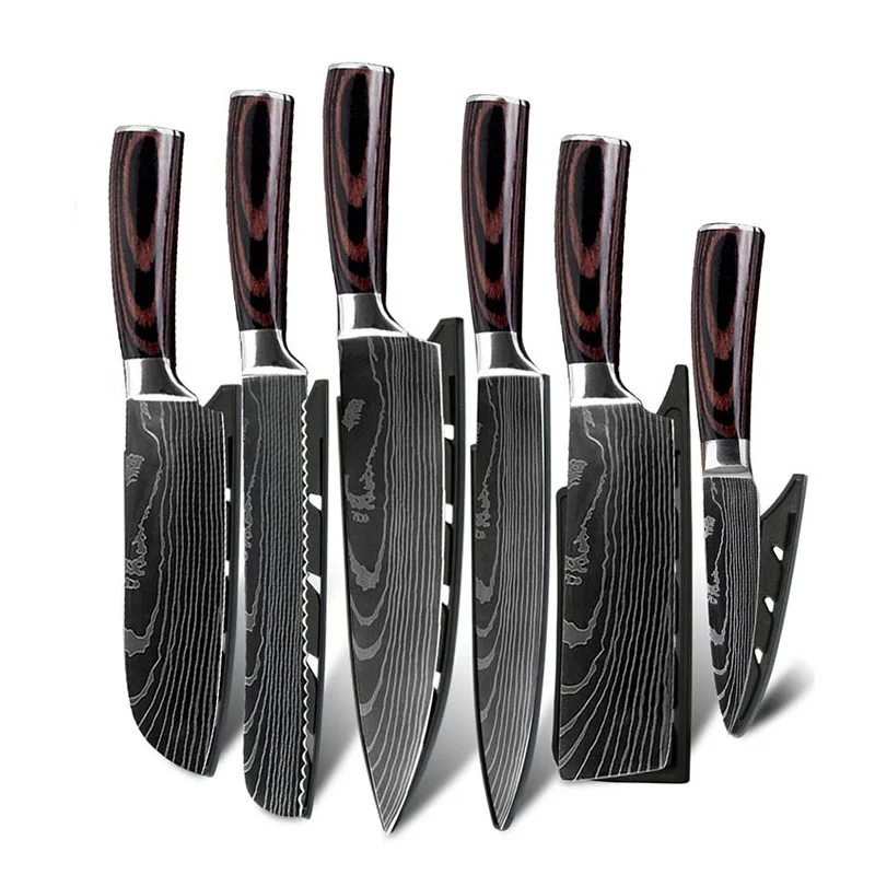 Stainless Steel Kitchen Knives Set Laser Damascus Veins Pakka Wood Handle Paring Santoku Nakiri Slicing Bread Chef Knife Set