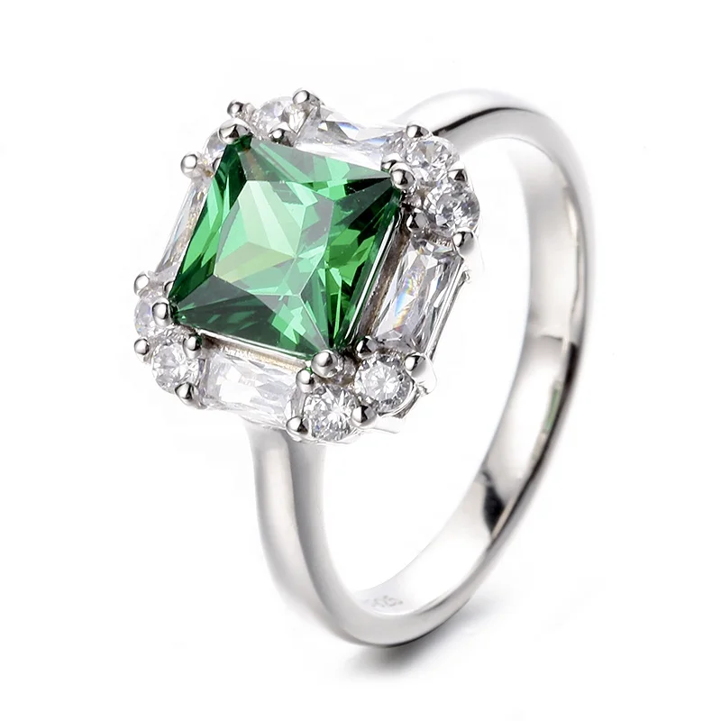 Wholesale Fine Jewelry Glam Rhodium Plated 925 Sterling Silver Princess Cut Lab Grown Emerald Cluster Ring For Women