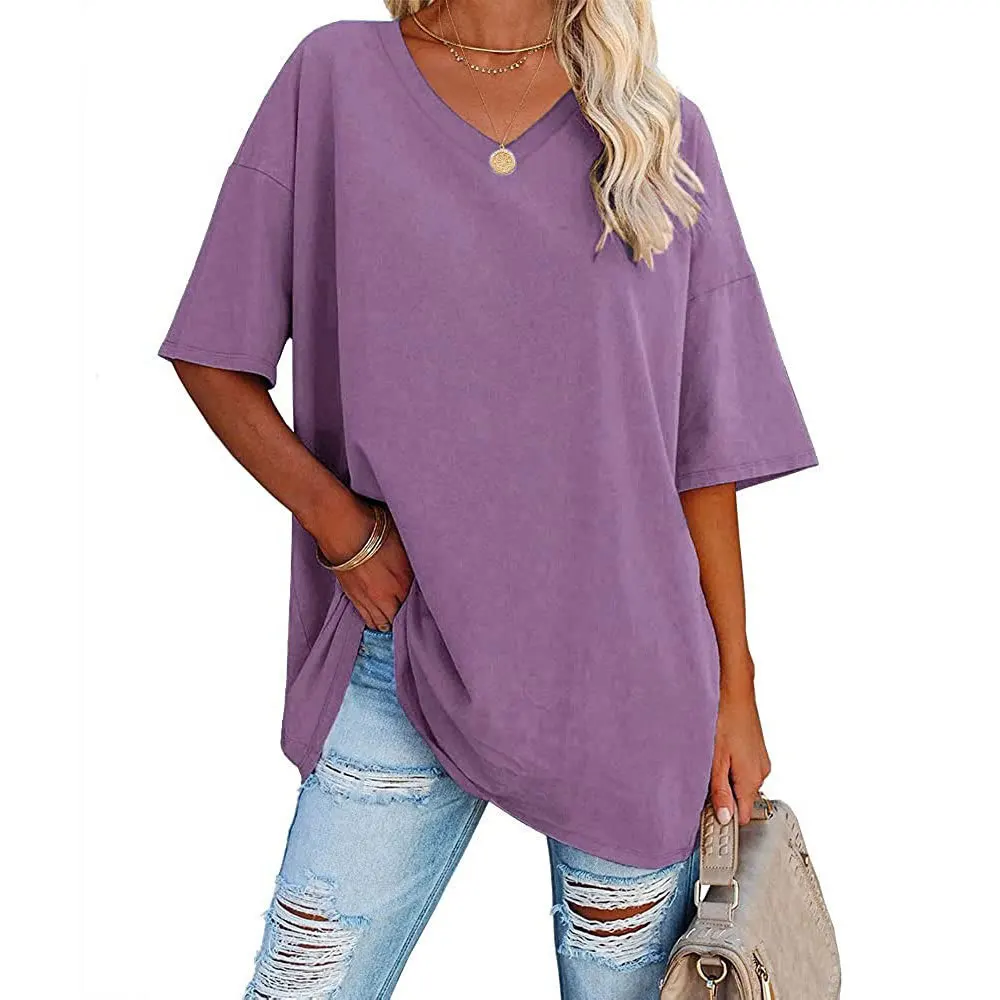 Women Loose Drop Shoulder T-Shirts Modal Fabric Women Tops T Shirts Branded Oversized Long V Neck T Shirt For Women