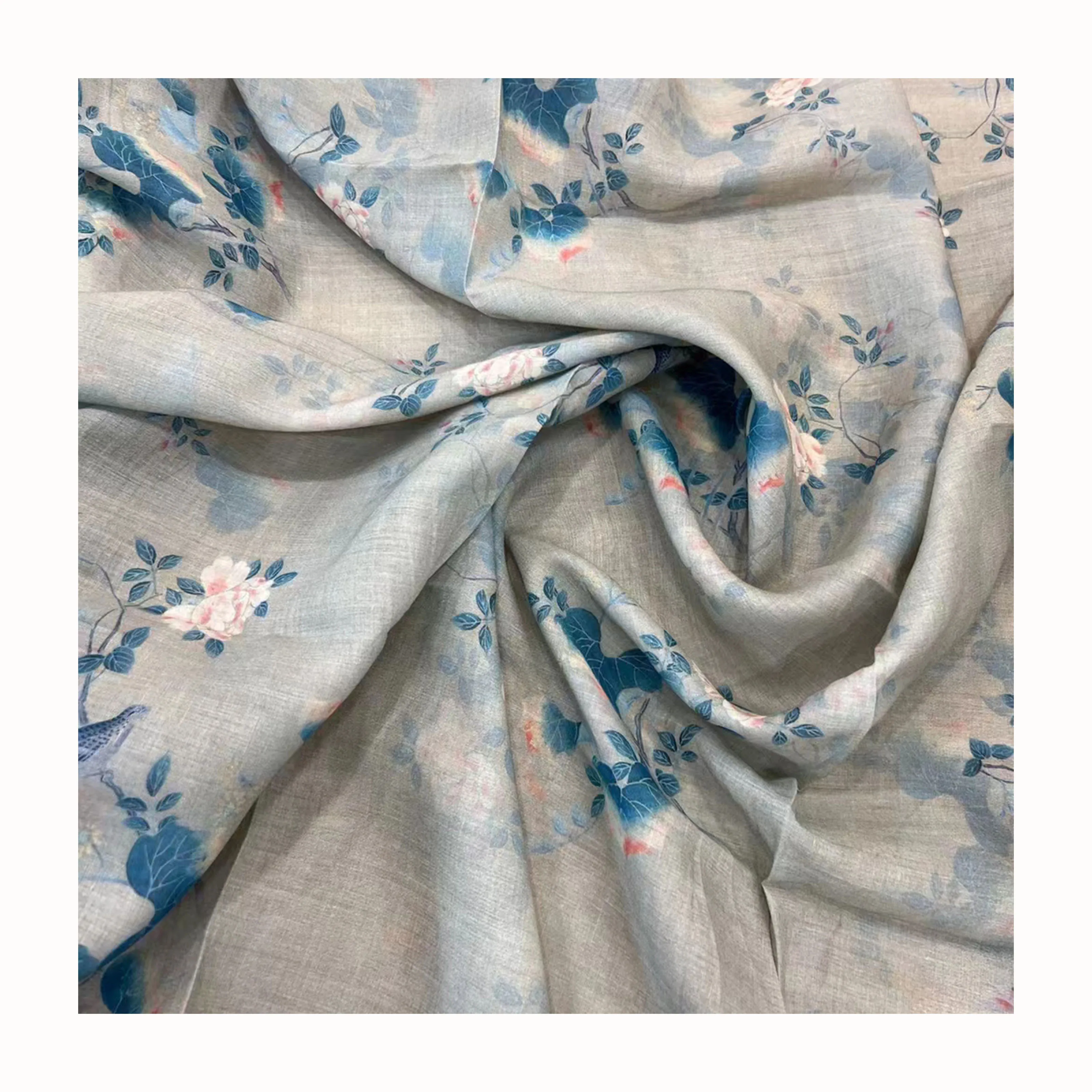Factory wholesale 100% flax linen fabric floral pattern custom printing fabric nature linen soft for woman dresses