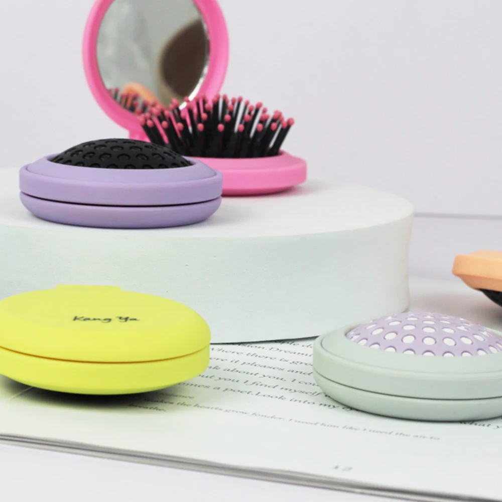 Customized Logo Portable  Pocket Small Travel Detangling Massage Airbag Hair Combs Circular Safety Mini Folding Mirror Comb