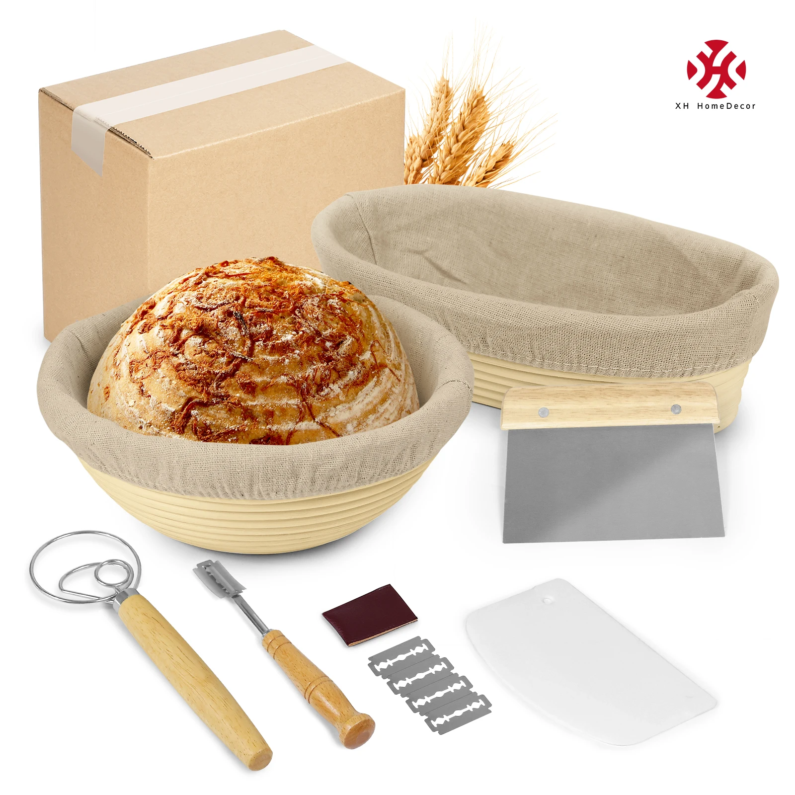 XH Source factory 9+10 inches sourdough bread proofing basket set Complete baking tools natural rattan stainless steel nail