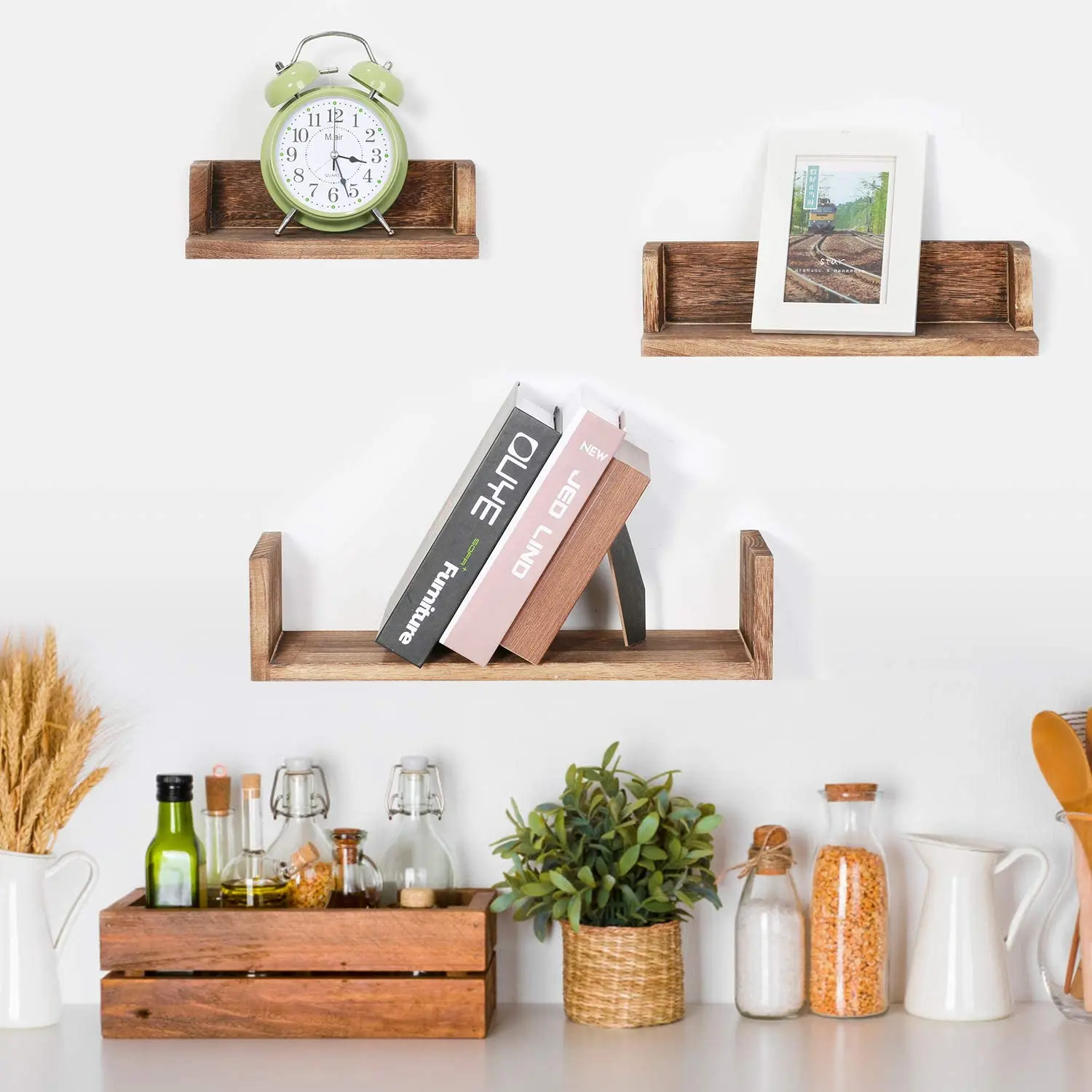 Rustic Wood U Shaped Floating Shelves Wall Mounted Set of 3 Modern 3 Floating Shelves