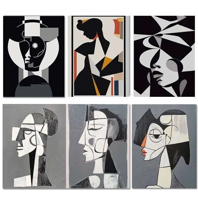 Aesthetic Home Decor Handmade Modern Black White Geometric Woman Face Painting Cubist Portraits Wall Art