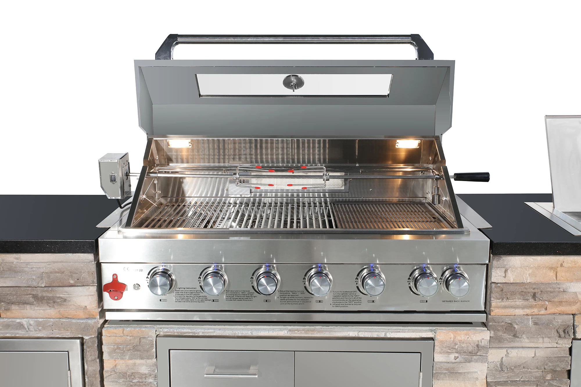 Full Outdoor Stone Barbecue Island with Grill Sink and Refrirator Powder Coated for Outdoor Kitchens