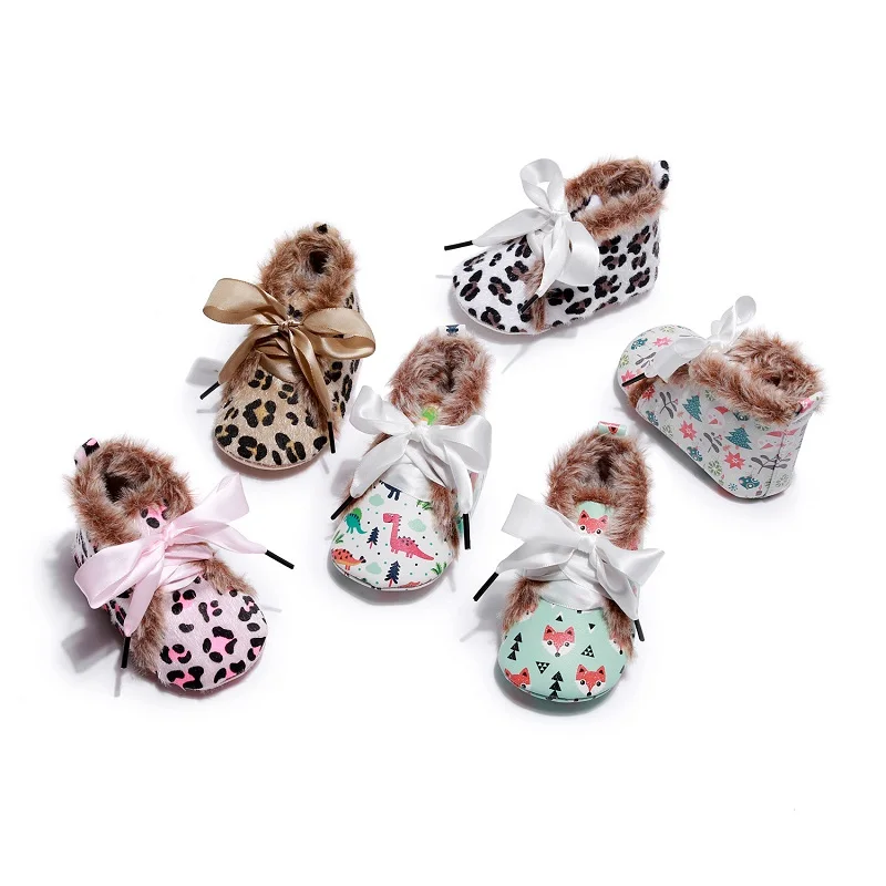 Newborn Winter Fur Bow Leopard Design Baby Walker for 0-1T Baby Casual Shoes