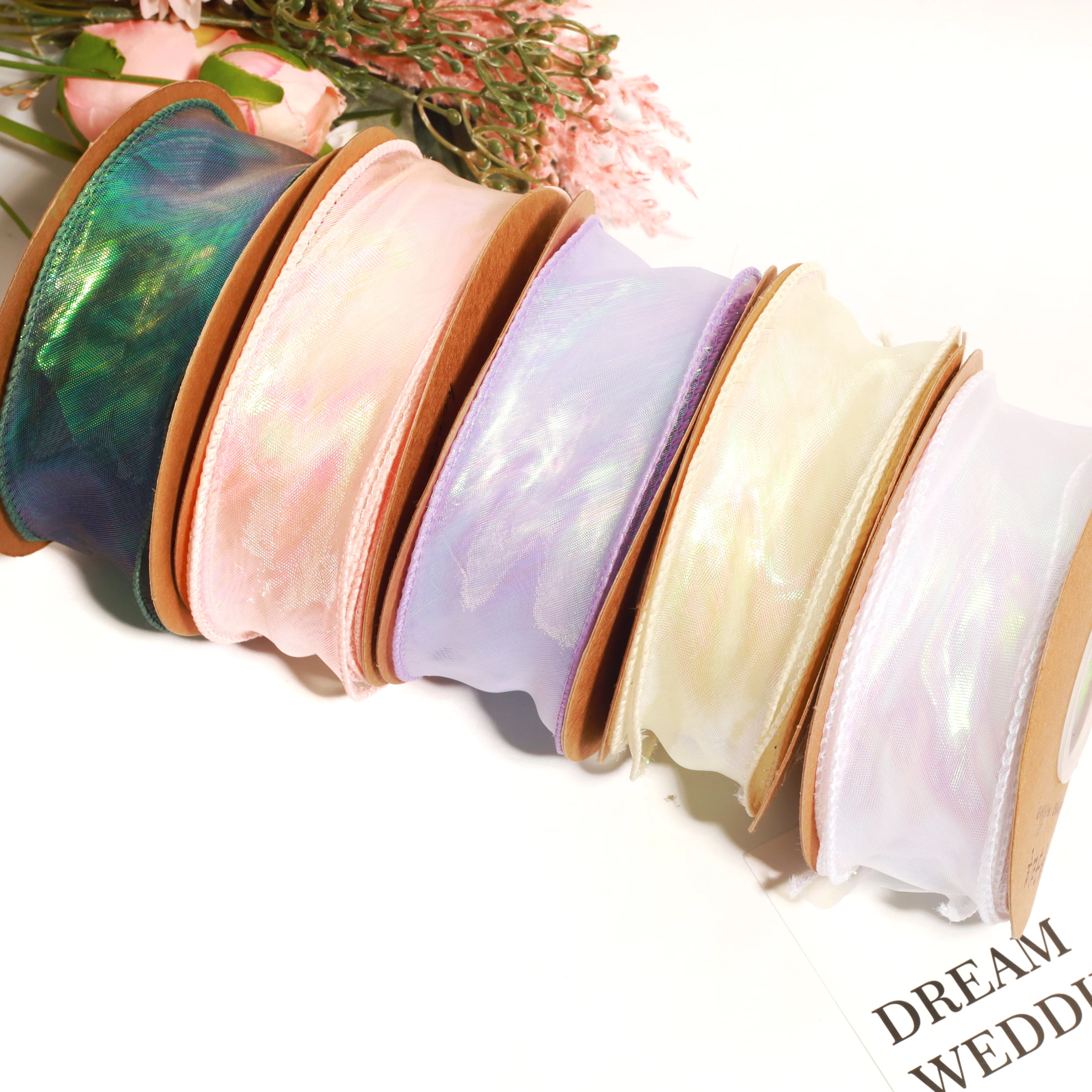 W02 Custom Fishtail Yarn Bowknot Christmas Satin Sari Silk Organza Ribbon Roll For Wedding