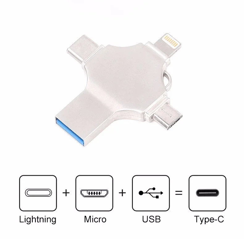  4 в 1 Usb Otg флэш-накопитель 3 0 внешнее хранилище для Iphone Ios Lightning Android Windows Samsung телефонов Type C