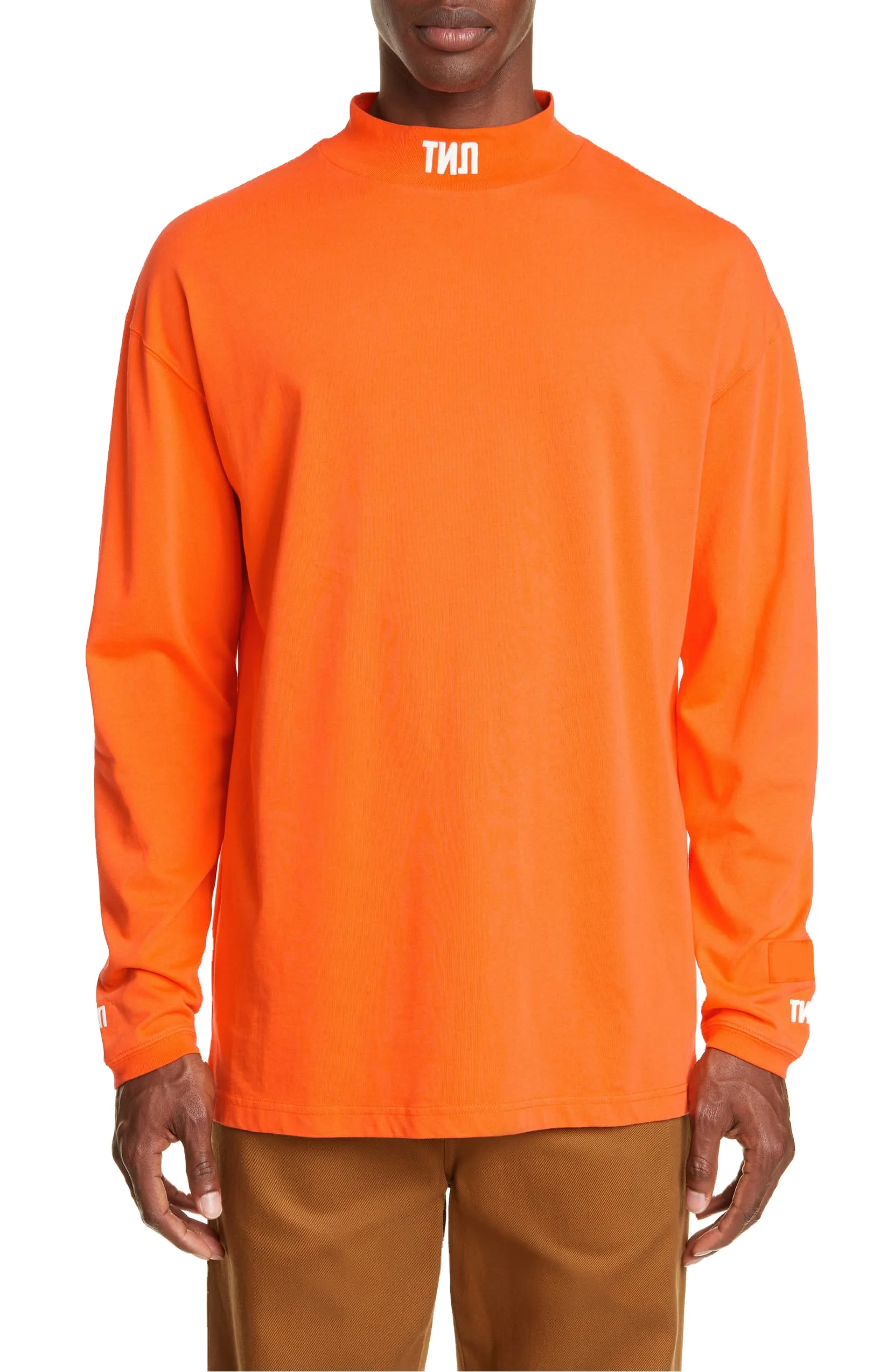 Fashion Wear Heavy Cotton Orange Color Customized Logos Men Mock Neck Long Sleeve
