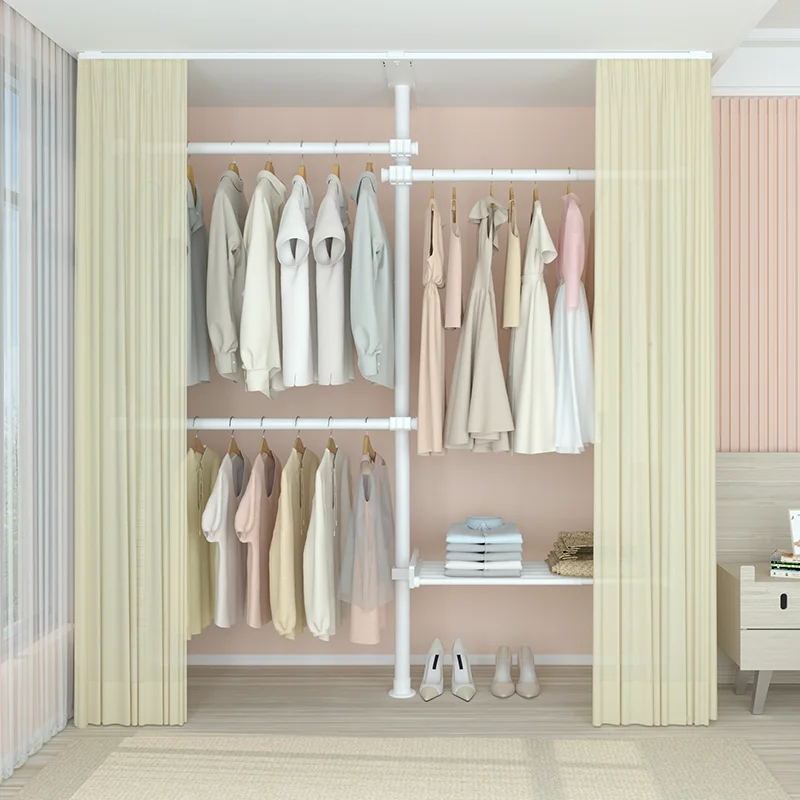 Wholesale cheap standing telescopic clothes drying rack fitting room open closet connectable folding portable wardrobe for kids