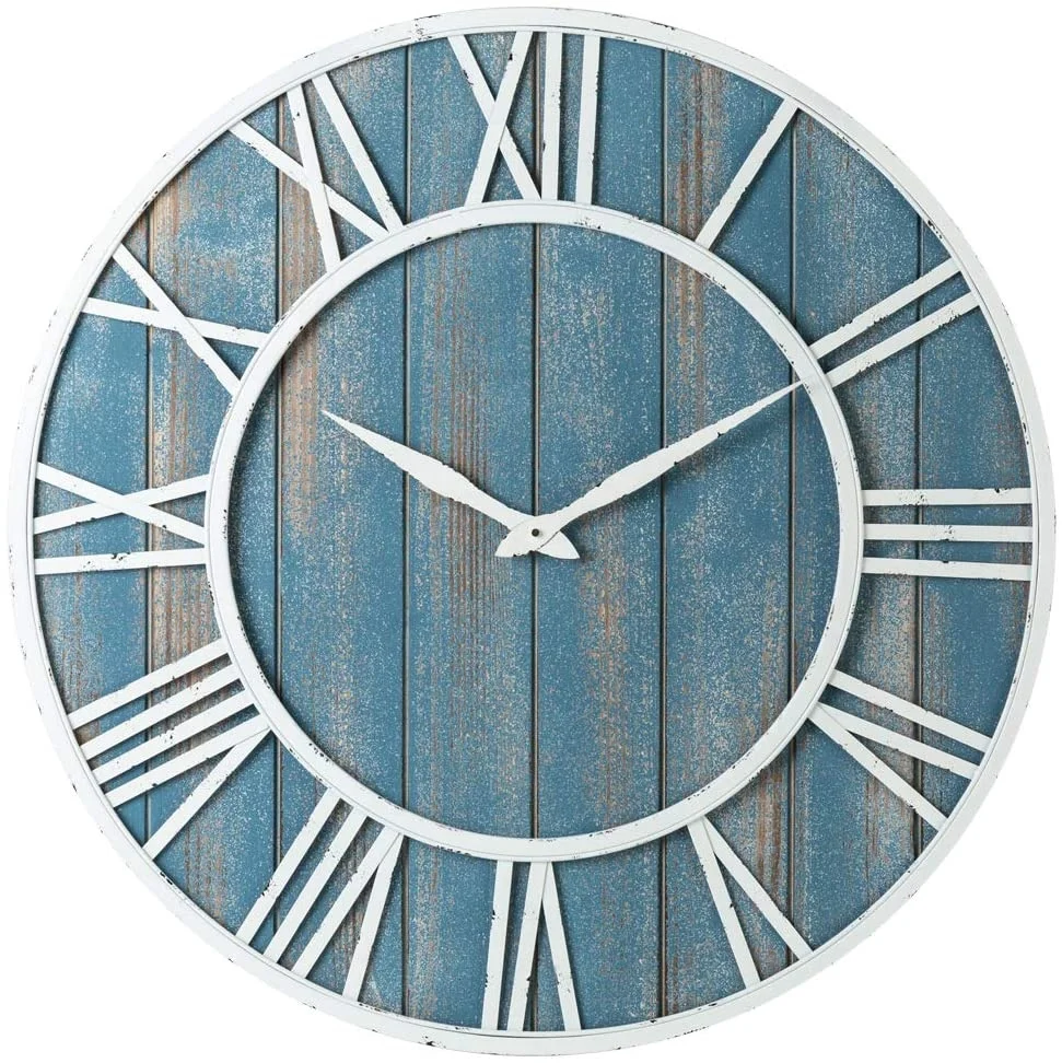 
24inch 60cm Metal & Solid Wood Whisper Quiet Noiseless Weathered Beach coastal Blue wooden Wall Clock 