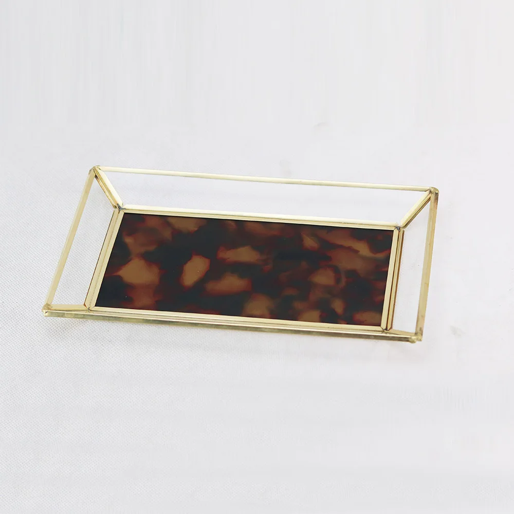Decorative Rectangle Metal Gold  Glass Vanity Perfume Tray