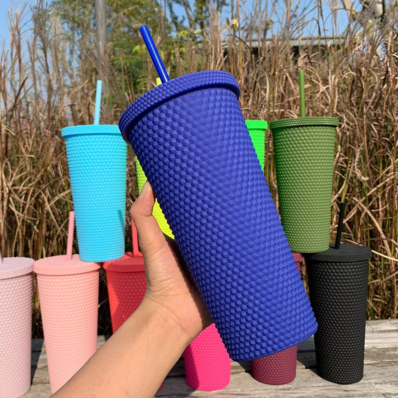 online Hot Selling BPA Free Double Layer  Cups Coffee Cup Plastic Diamond Tumbler Durian Cup With Straw And Lid