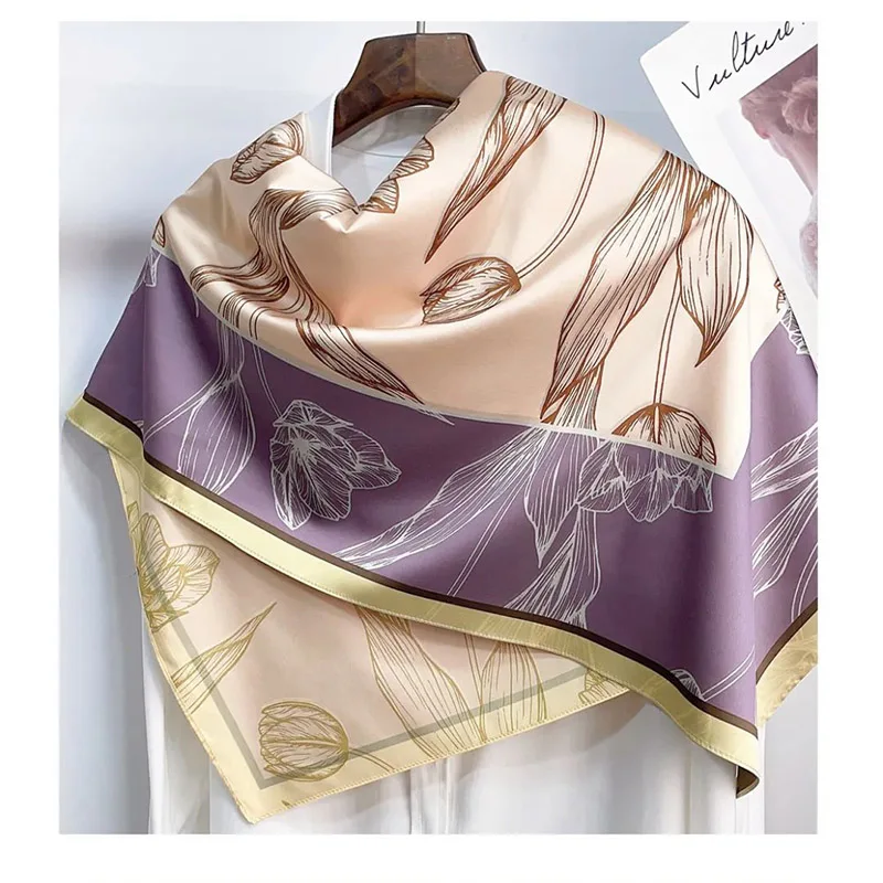2024 Spring/Summer New Flower Printed Satin 90 Square Scarf with Double sided Printing Customized Silk Scarf Bandannas